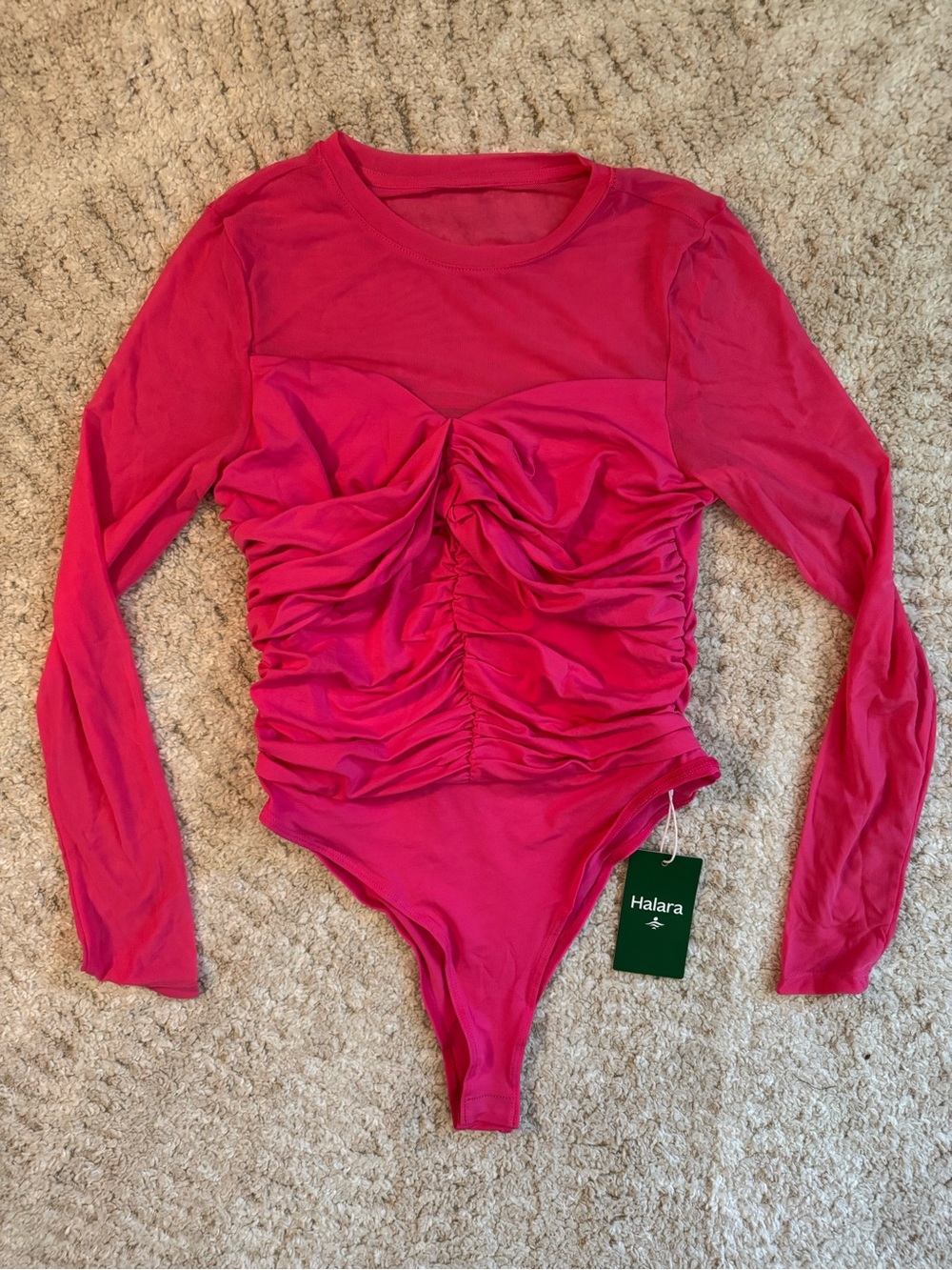 Halara hot pink long-sleeve mesh bodysuit w/ ruched detailing. Size M. NWT.